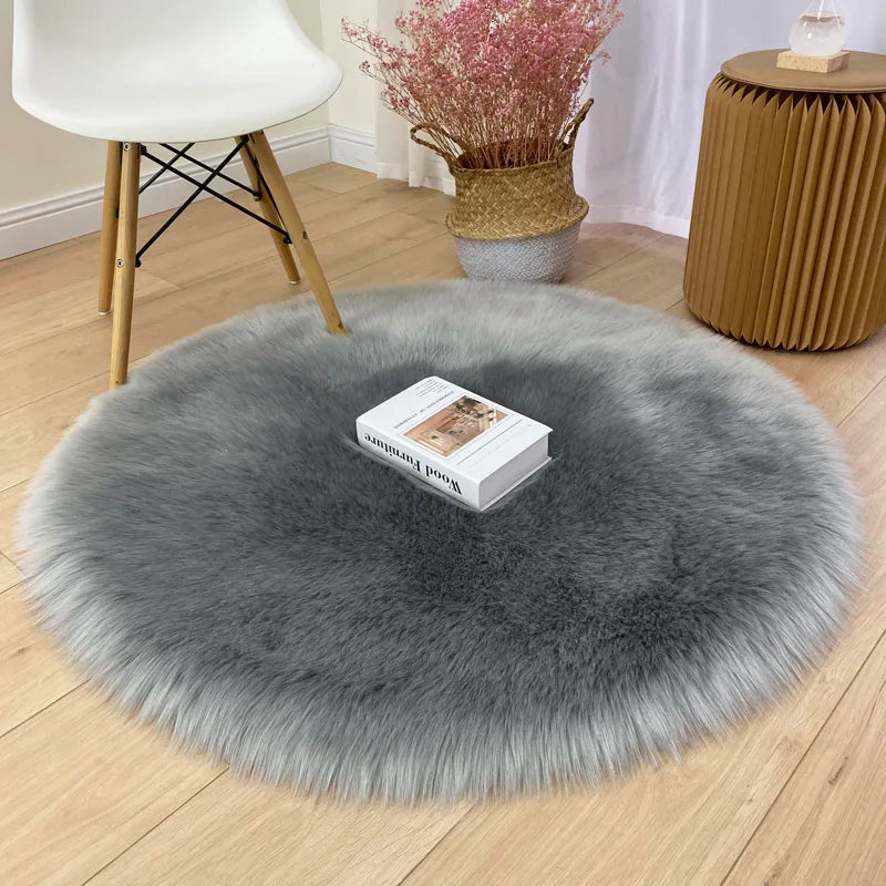 Round Shaggy Faux Sheepskin Rug – Soft Fluffy Plush Carpet for Bedroom & Living Room