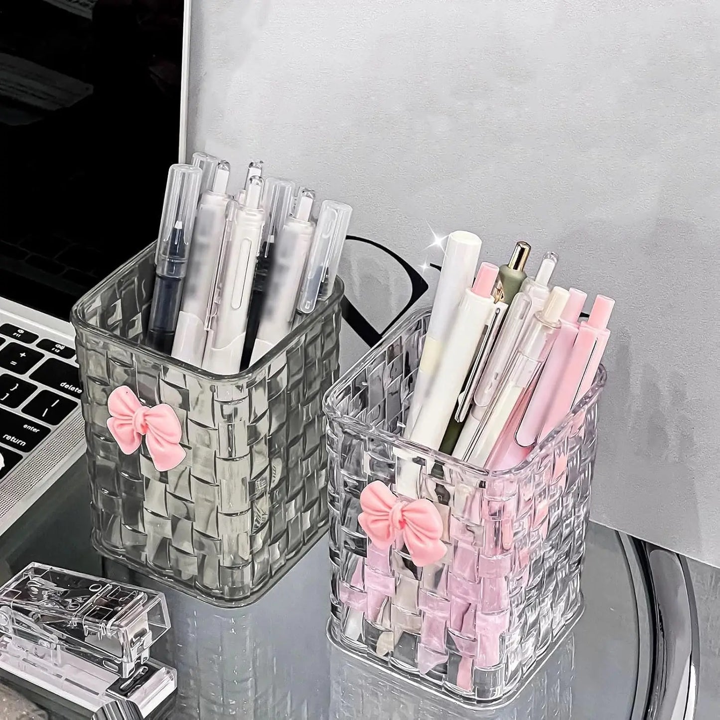 Clear Acrylic Desk Organizer with Bow – PMMA Pen Holder & Storage Basket