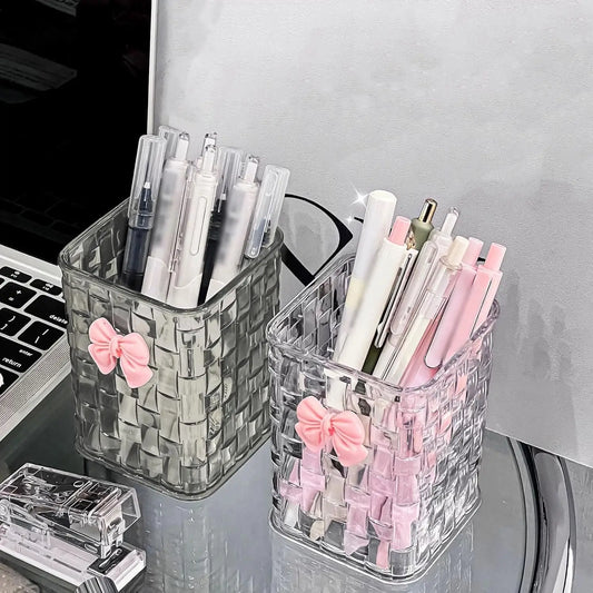 Clear Acrylic Desk Organizer with Bow – PMMA Pen Holder & Storage Basket