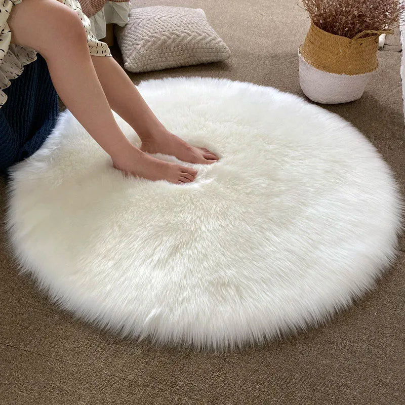Round Shaggy Faux Sheepskin Rug – Soft Fluffy Plush Carpet for Bedroom & Living Room
