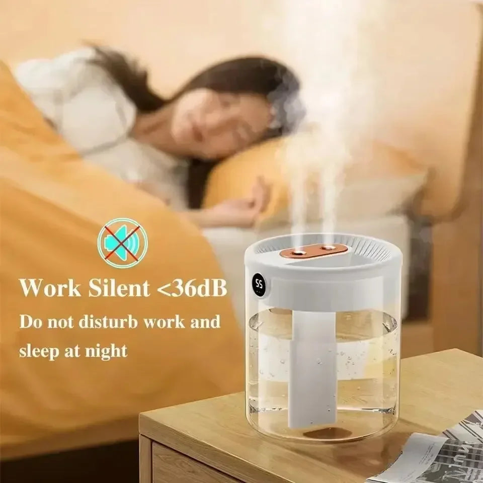 Dual Spray Humidifier – 2L Quiet USB Air Diffuser with LED Digital Display & Night Light