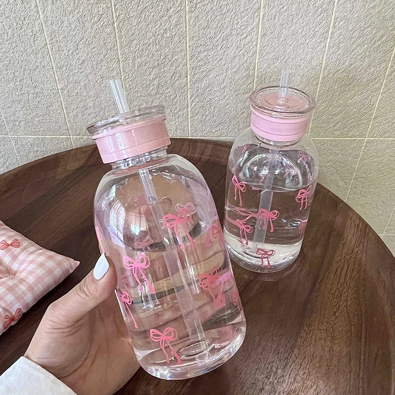 Portable Bowknot Drinking Bottle – Plastic Cup with Straw Lid