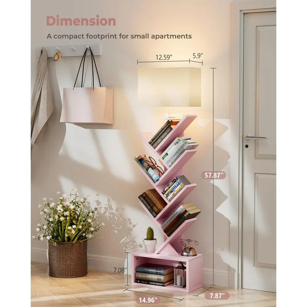Pink 6-Tier Narrow Bookshelf with Storage Cabinet