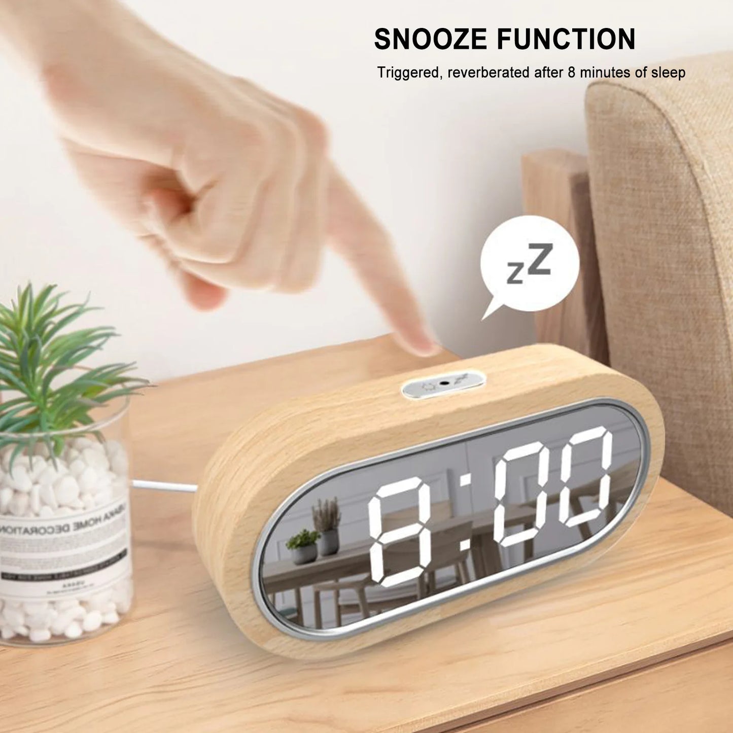 LED Digital Wooden Desk Alarm Clock – Modern Time, Temperature & Brightness Adjustment (USB/AAA Powered)