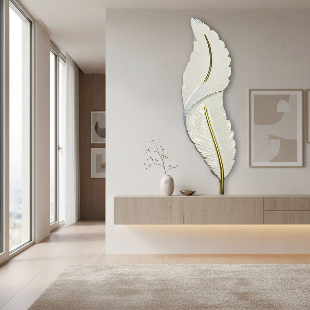 White feather-shaped object with gold accents on a black background