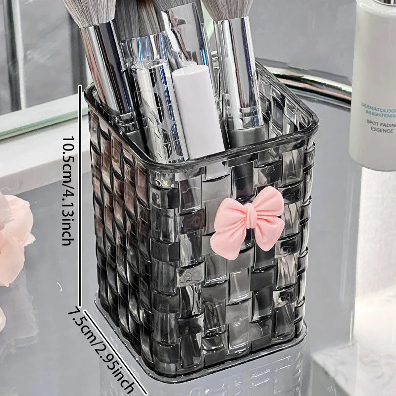Clear Acrylic Desk Organizer with Bow – PMMA Pen Holder & Storage Basket