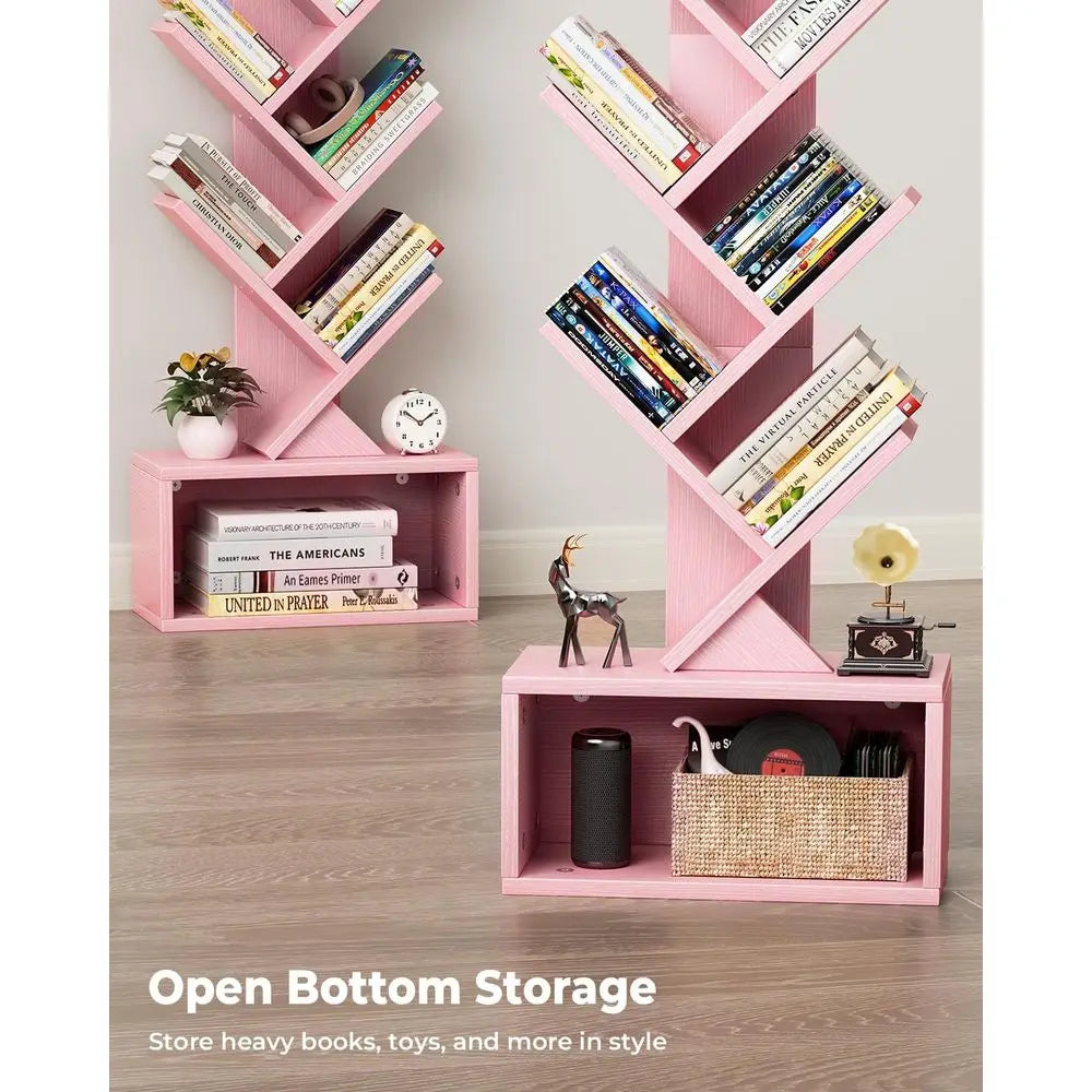 Pink 6-Tier Narrow Bookshelf with Storage Cabinet