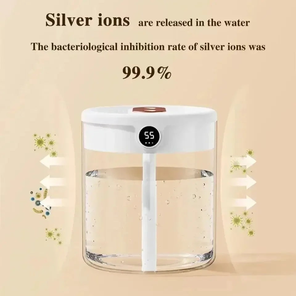 Dual Spray Humidifier – 2L Quiet USB Air Diffuser with LED Digital Display & Night Light