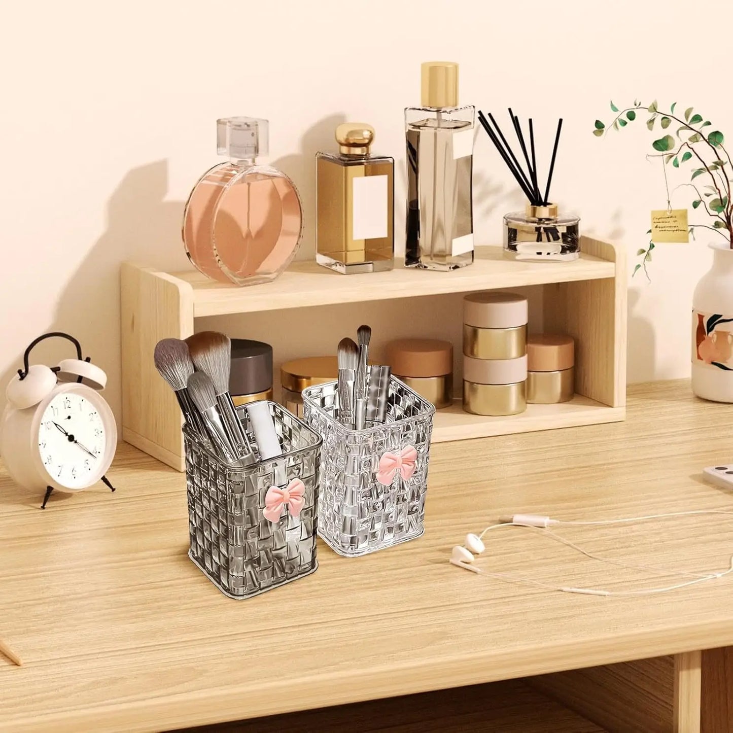 Clear Acrylic Desk Organizer with Bow – PMMA Pen Holder & Storage Basket