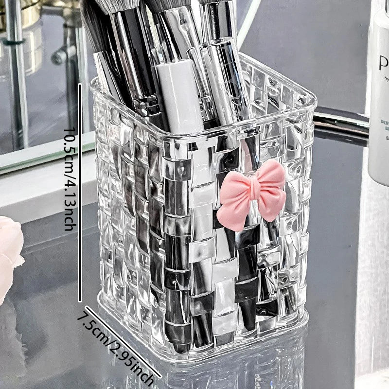 Clear Acrylic Desk Organizer with Bow – PMMA Pen Holder & Storage Basket