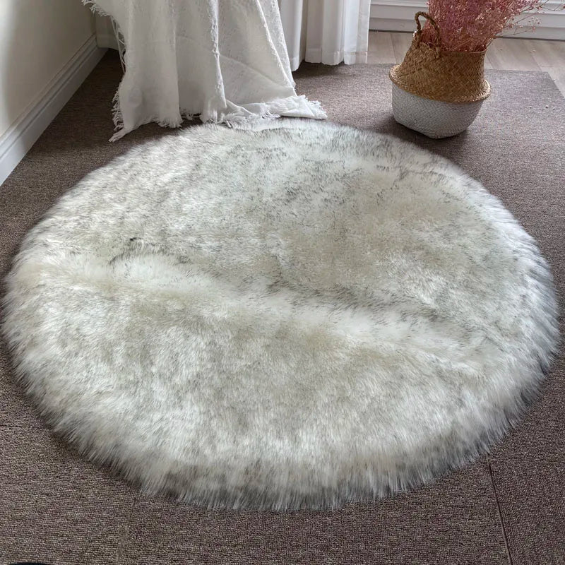 Round Shaggy Faux Sheepskin Rug – Soft Fluffy Plush Carpet for Bedroom & Living Room