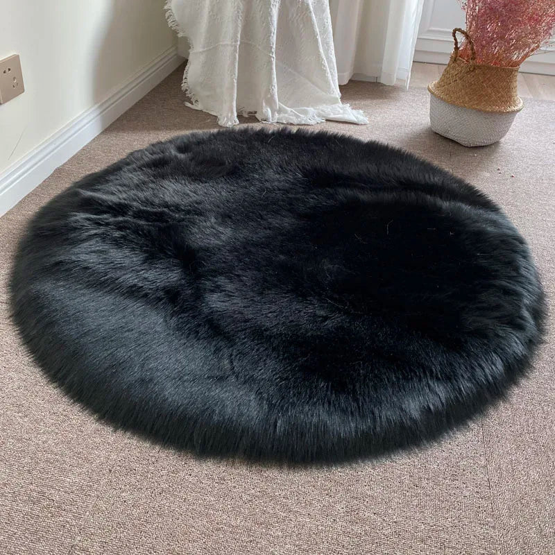 Round Shaggy Faux Sheepskin Rug – Soft Fluffy Plush Carpet for Bedroom & Living Room