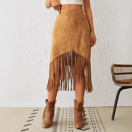Suede Fringe High Waisted Skirt