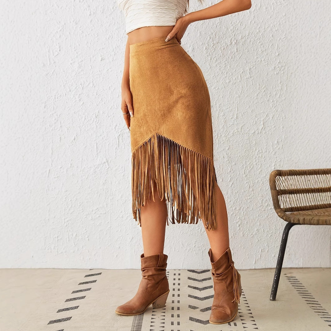 Suede Fringe High Waisted Skirt